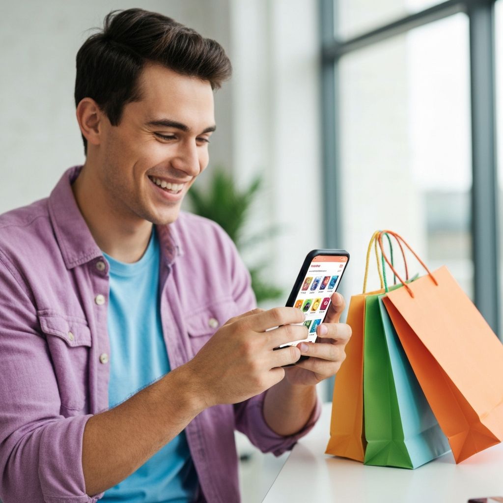 Happy person with smartphone and shopping bags
