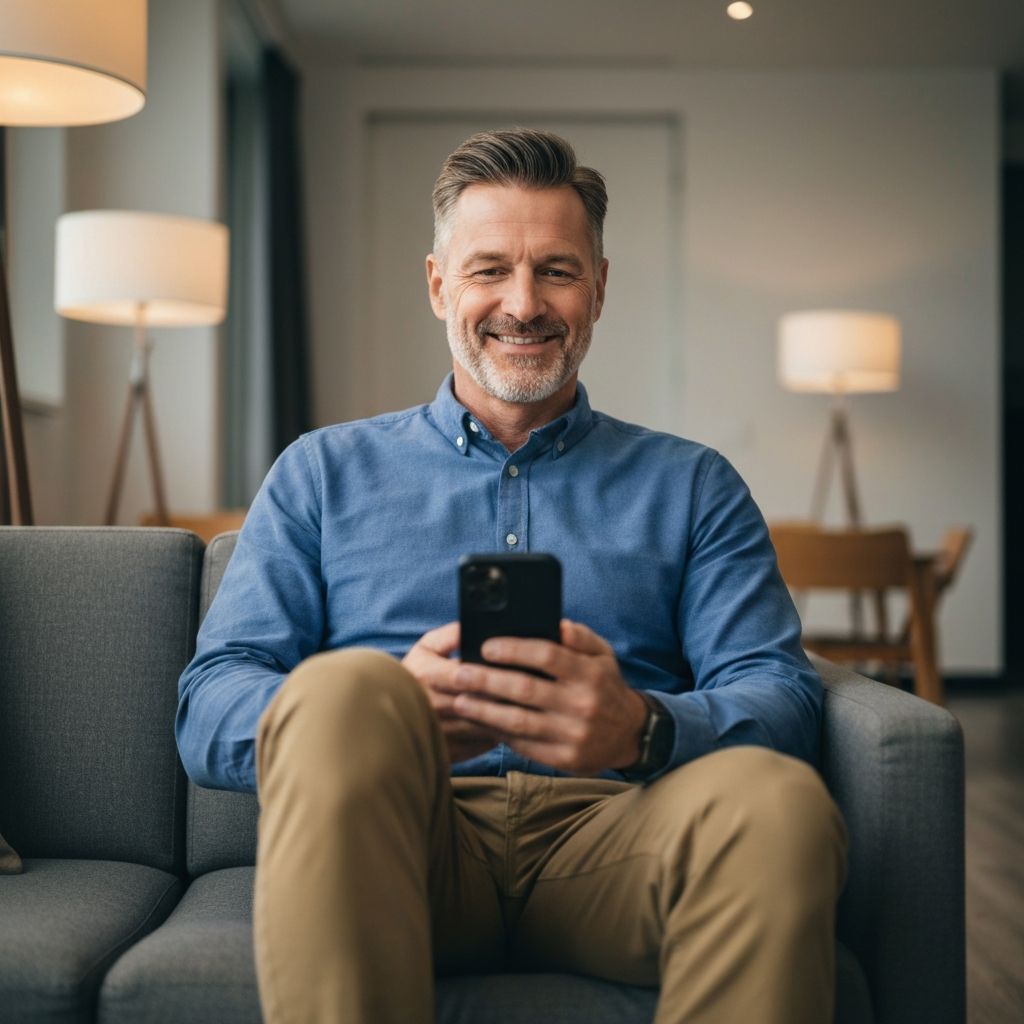 Person relaxed and confident with smartphone